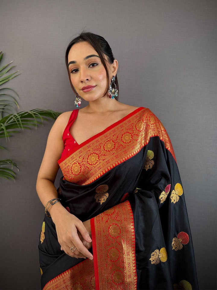 Black Banarasi Silk Saree with Red Zari Border & Multi Color Butta