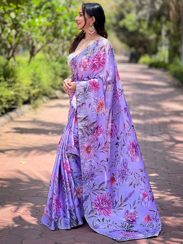 Pastel Lavender Organza Saree with Watercolor Print & Scallop Border