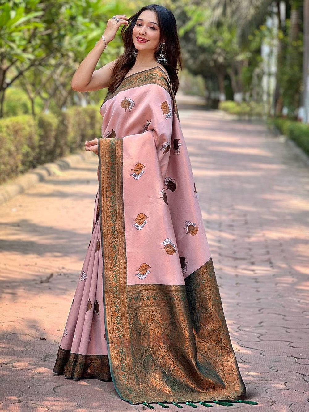 Blush Pink Banarasi Silk Saree with Green Zari Border & Leaf Motifs