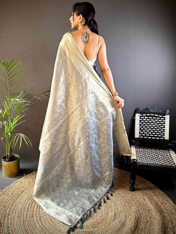 Elegant Silver Banarasi Silk Saree for Women