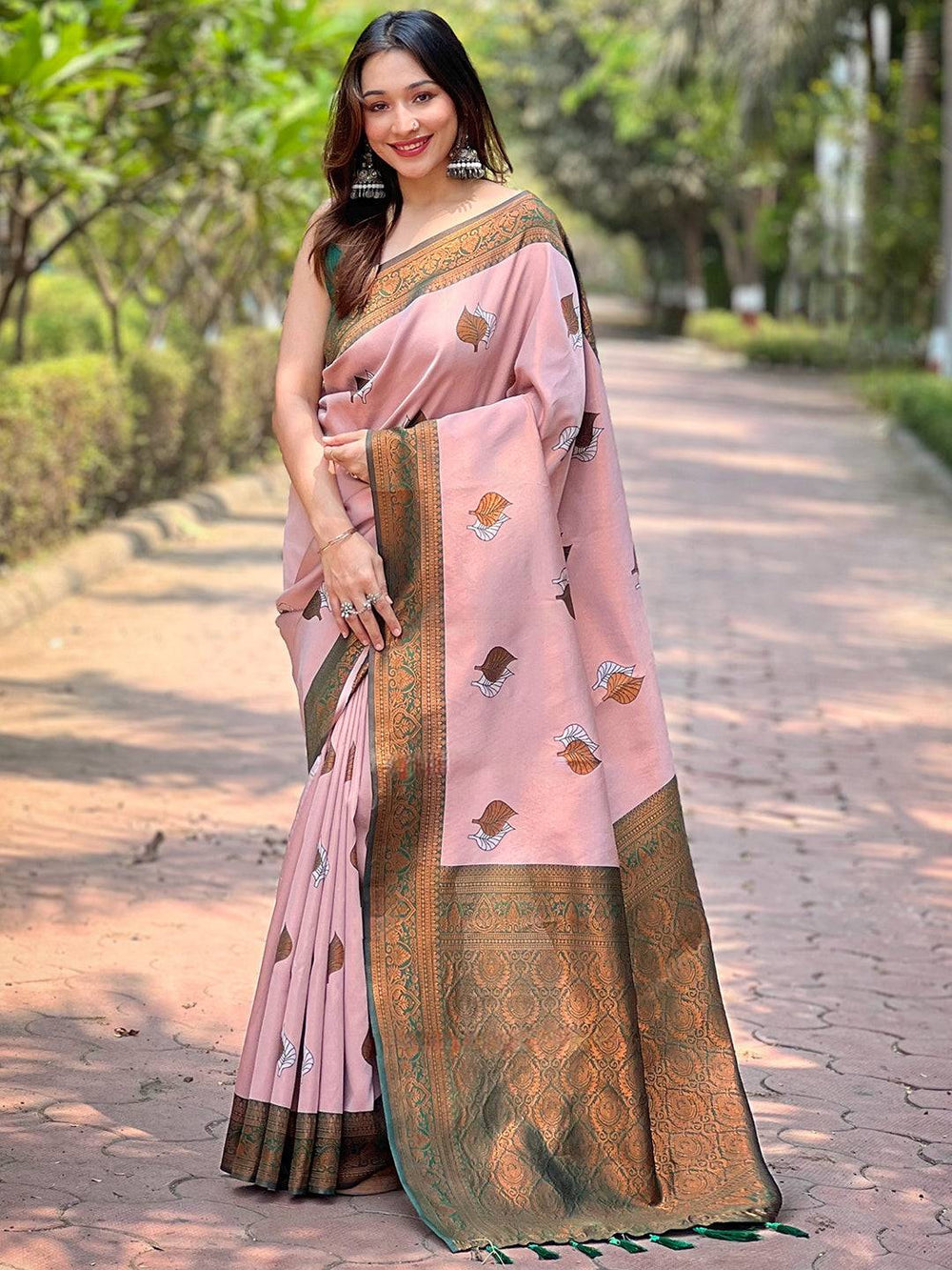 Blush Pink Banarasi Silk Saree with Green Zari Border & Leaf Motifs