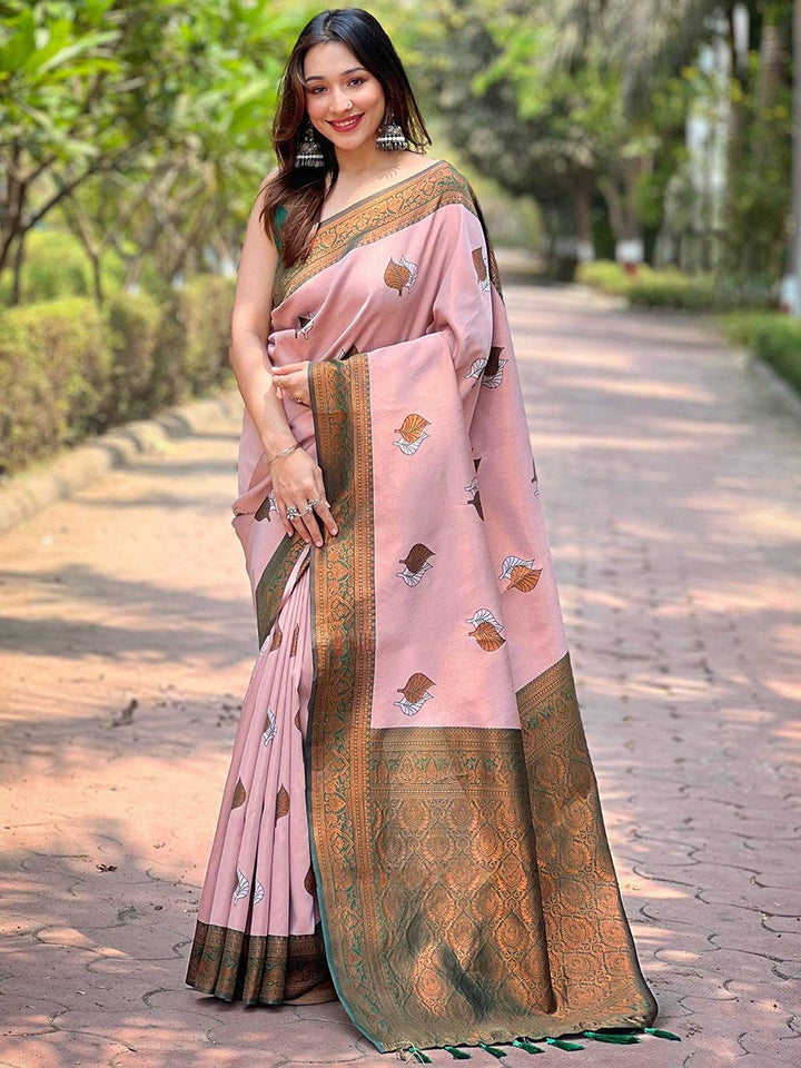 Blush Pink Banarasi Silk Saree with Green Zari Border & Leaf Motifs