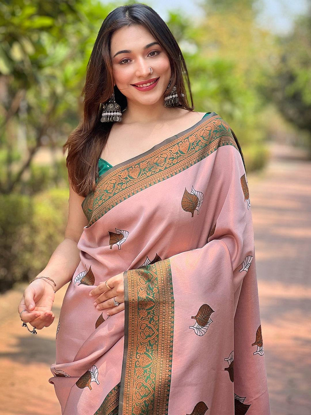 Blush Pink Banarasi Silk Saree with Green Zari Border & Leaf Motifs