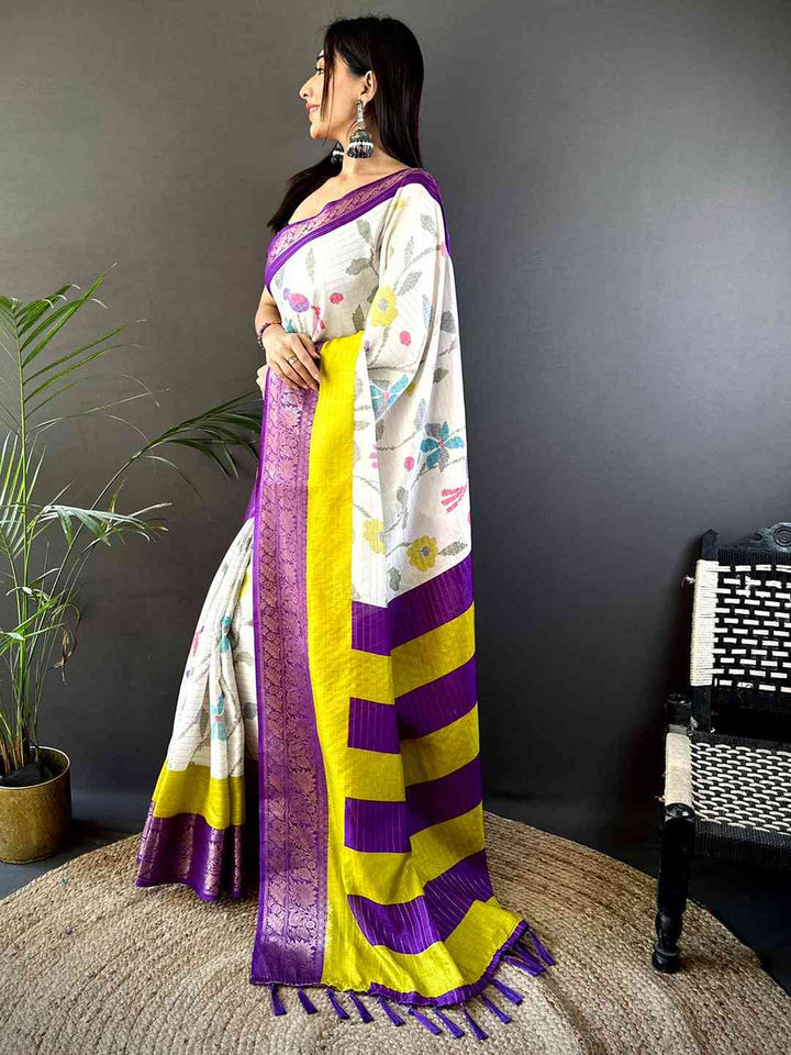 White Floral Banarasi Silk Saree with Purple & Yellow Contrast Border