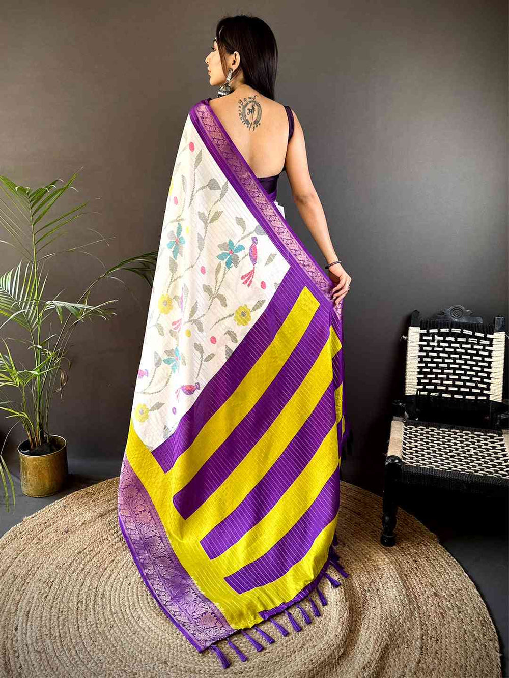 White Floral Banarasi Silk Saree with Purple & Yellow Contrast Border