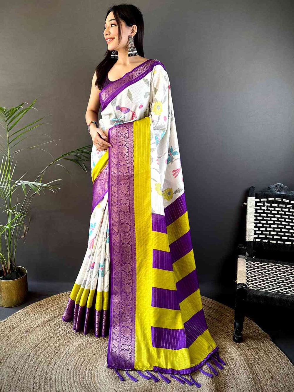 White Floral Banarasi Silk Saree with Purple & Yellow Contrast Border