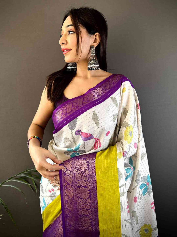 White Floral Banarasi Silk Saree with Purple & Yellow Contrast Border