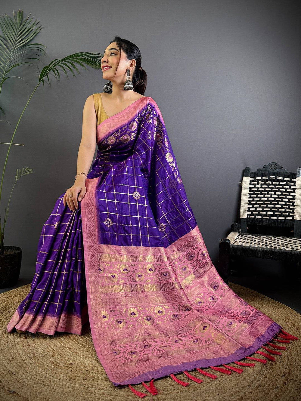 Purple Banarasi Silk Saree with Pink Floral Zari Pallu & Golden Checks