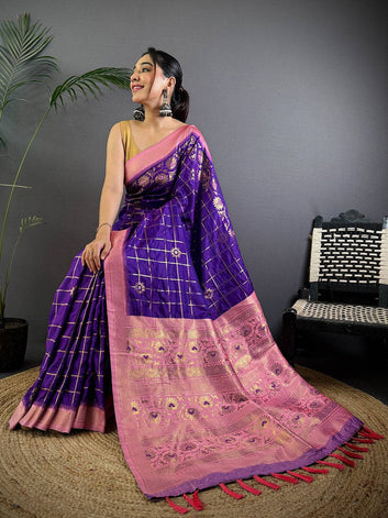 Purple Banarasi Silk Saree with Pink Floral Zari Pallu & Golden Checks
