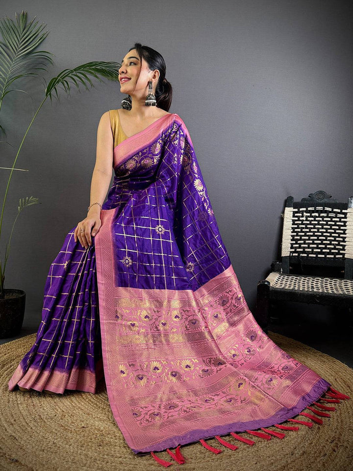 Purple Banarasi Silk Saree with Pink Floral Zari Pallu & Golden Checks
