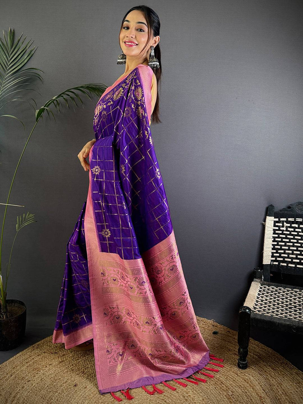 Purple Banarasi Silk Saree with Pink Floral Zari Pallu & Golden Checks
