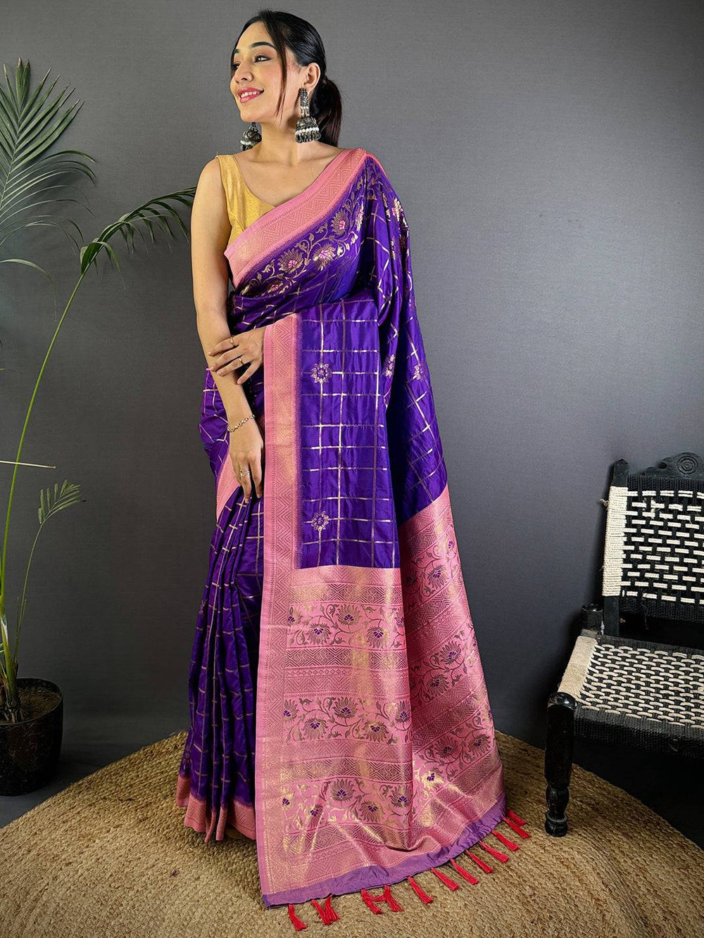 Purple Banarasi Silk Saree with Pink Floral Zari Pallu & Golden Checks