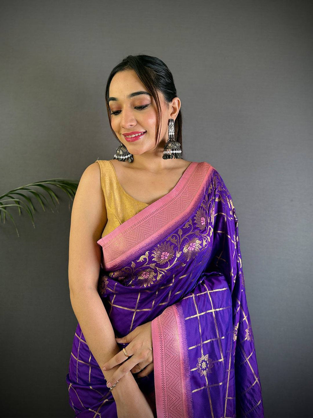 Purple Banarasi Silk Saree with Pink Floral Zari Pallu & Golden Checks