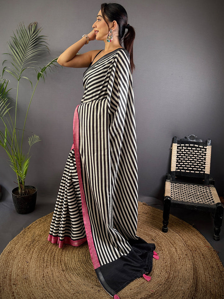 Black & White Striped Saree with Pink Border