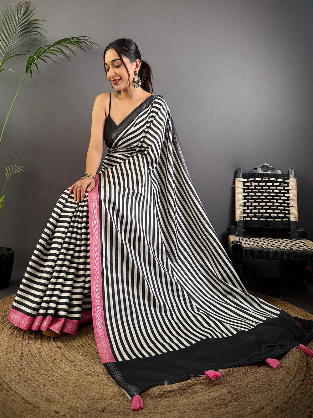 Black & White Striped Saree with Pink Border