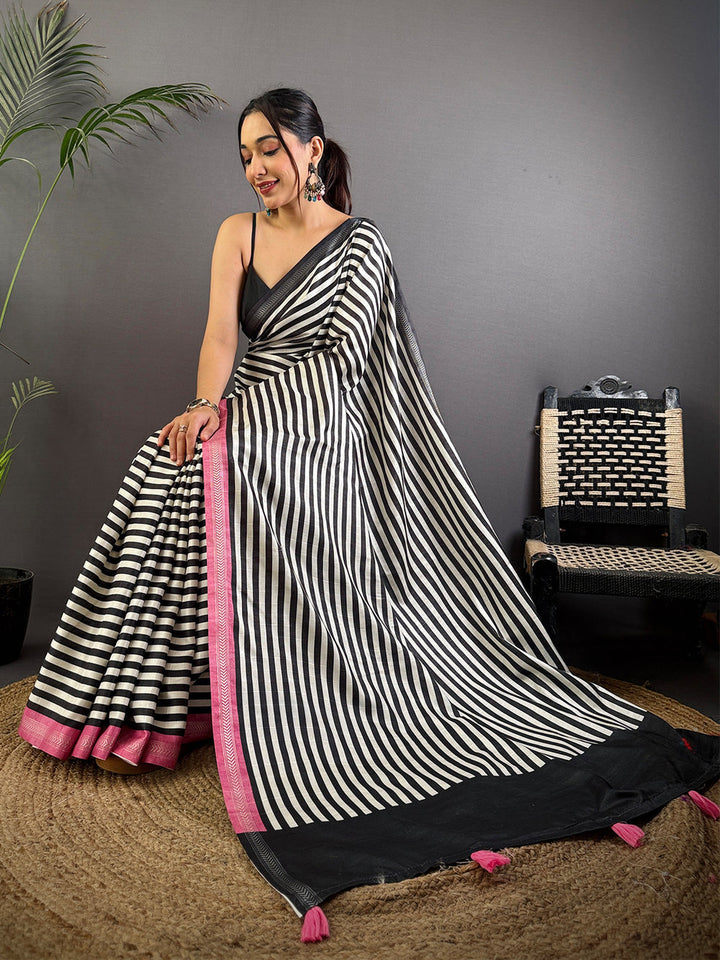 Black & White Striped Saree with Pink Border