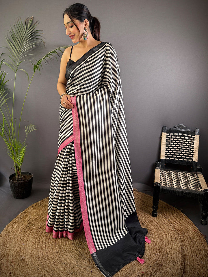 Black & White Striped Saree with Pink Border