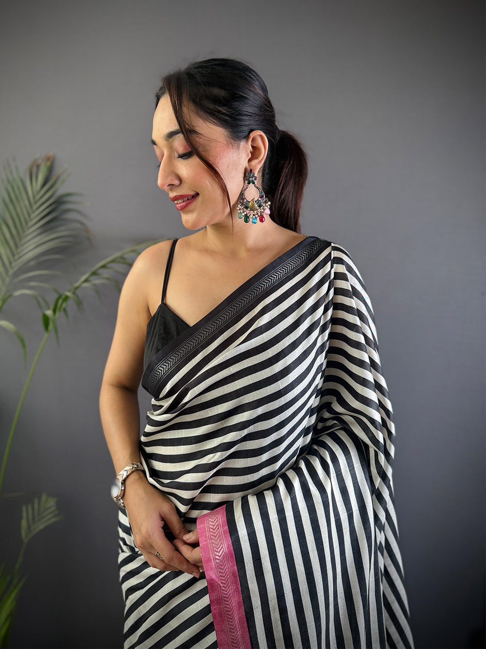 Black & White Striped Saree with Pink Border