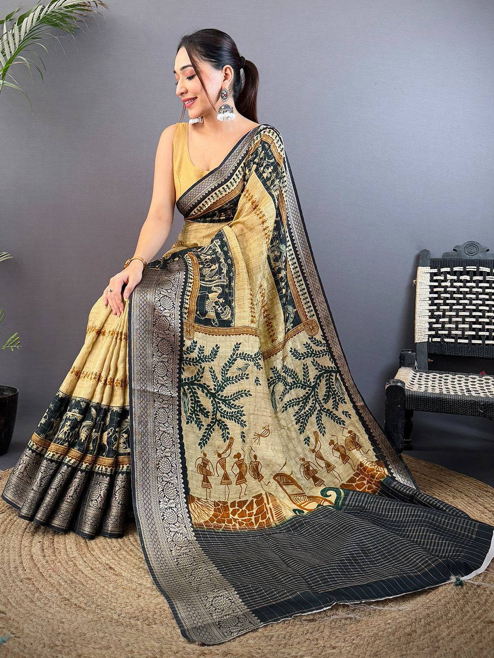Beige & Black Banarasi Silk Saree with Tribal Art Print & Zari Border