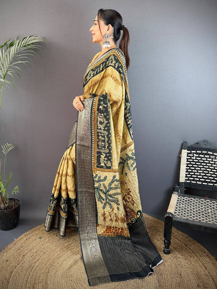 Beige & Black Banarasi Silk Saree with Tribal Art Print & Zari Border