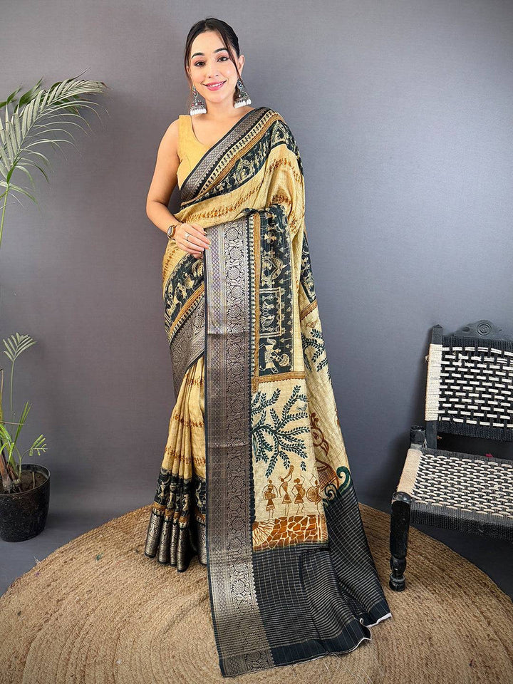 Beige & Black Banarasi Silk Saree with Tribal Art Print & Zari Border