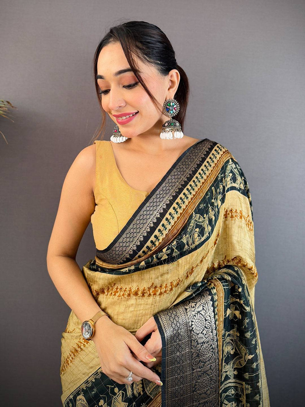 Beige & Black Banarasi Silk Saree with Tribal Art Print & Zari Border