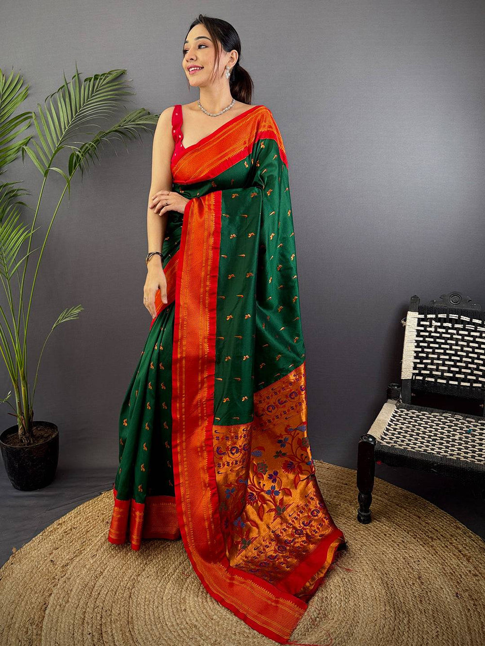 Green Banarasi Silk Saree with Red Zari Border & Rich Floral Pallu