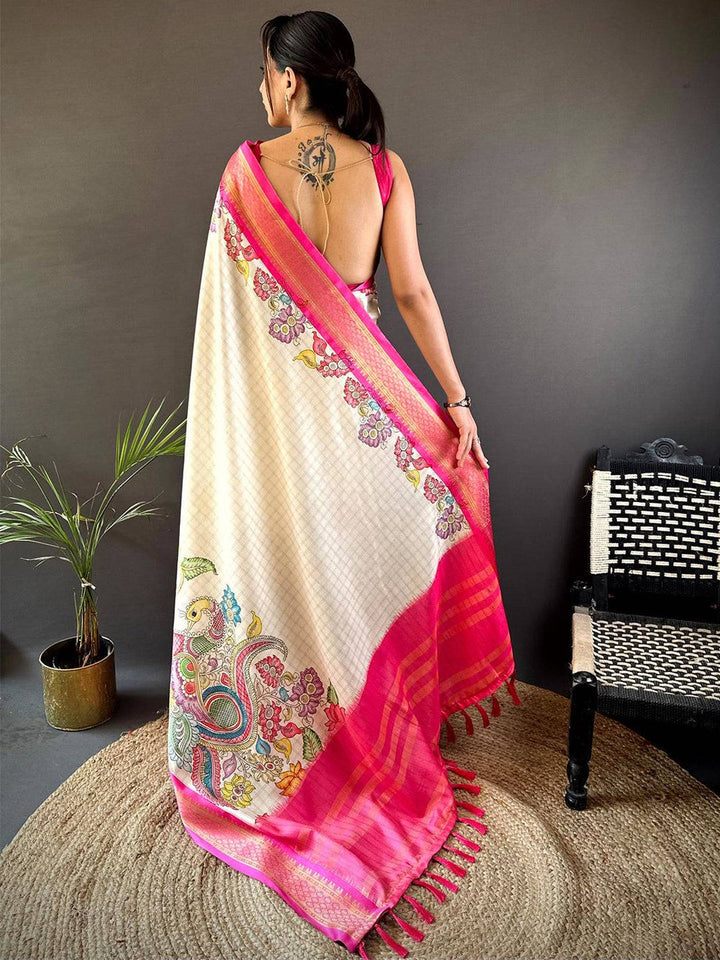 Cream Banarasi Silk Saree with Pink Zari Border & Floral Print