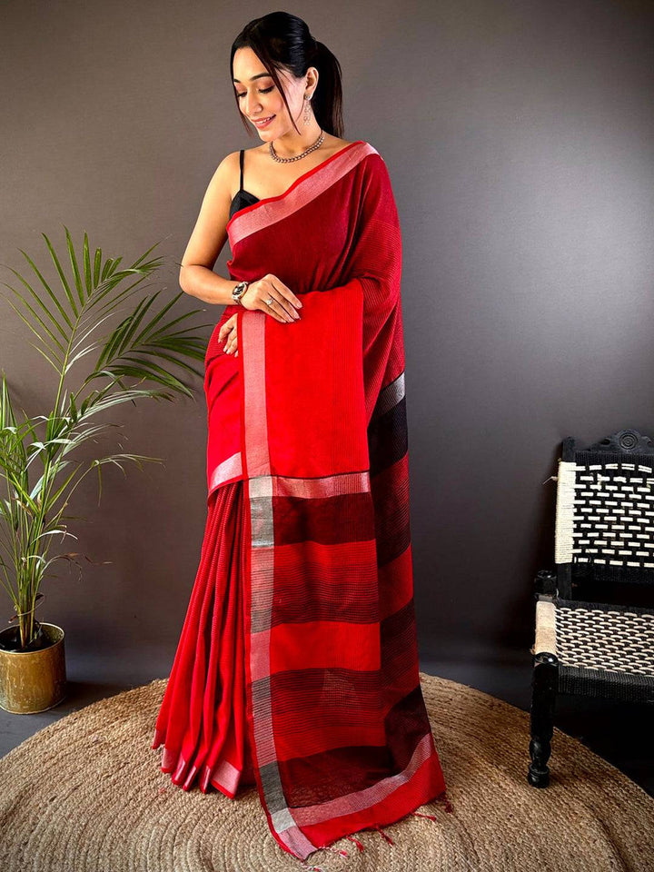 Red Linen Silk Saree with Black Stripes & Silver Border