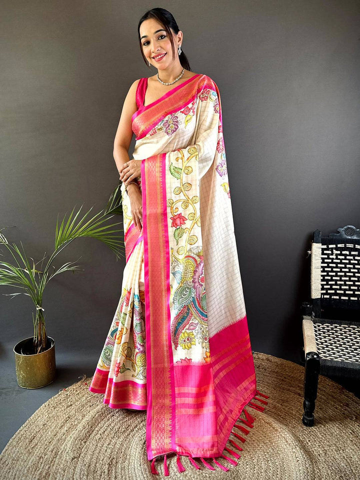 Cream Banarasi Silk Saree with Pink Zari Border & Floral Print