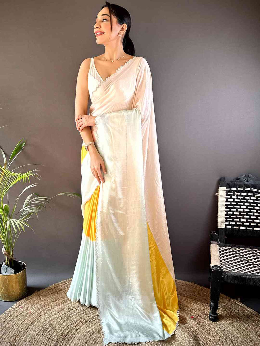 Elegant White & Pastel Silk Saree with Yellow Contrast Panel