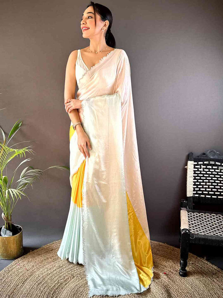 Elegant White & Pastel Silk Saree with Yellow Contrast Panel