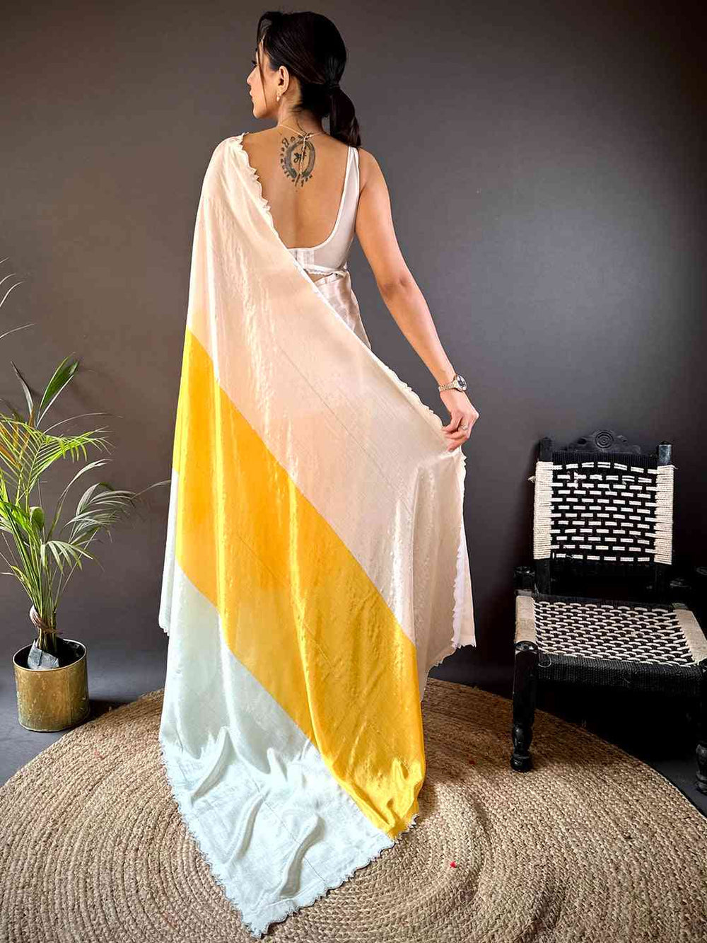 Elegant White & Pastel Silk Saree with Yellow Contrast Panel