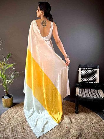 Elegant White & Pastel Silk Saree with Yellow Contrast Panel