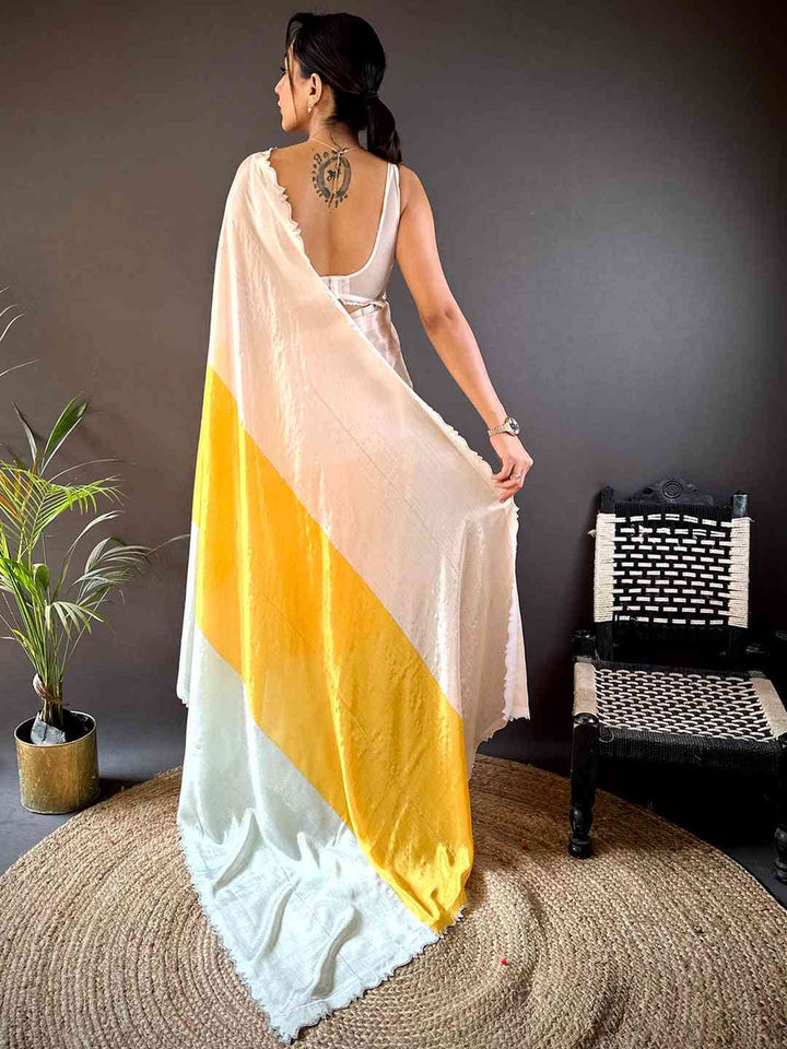 Elegant White & Pastel Silk Saree with Yellow Contrast Panel
