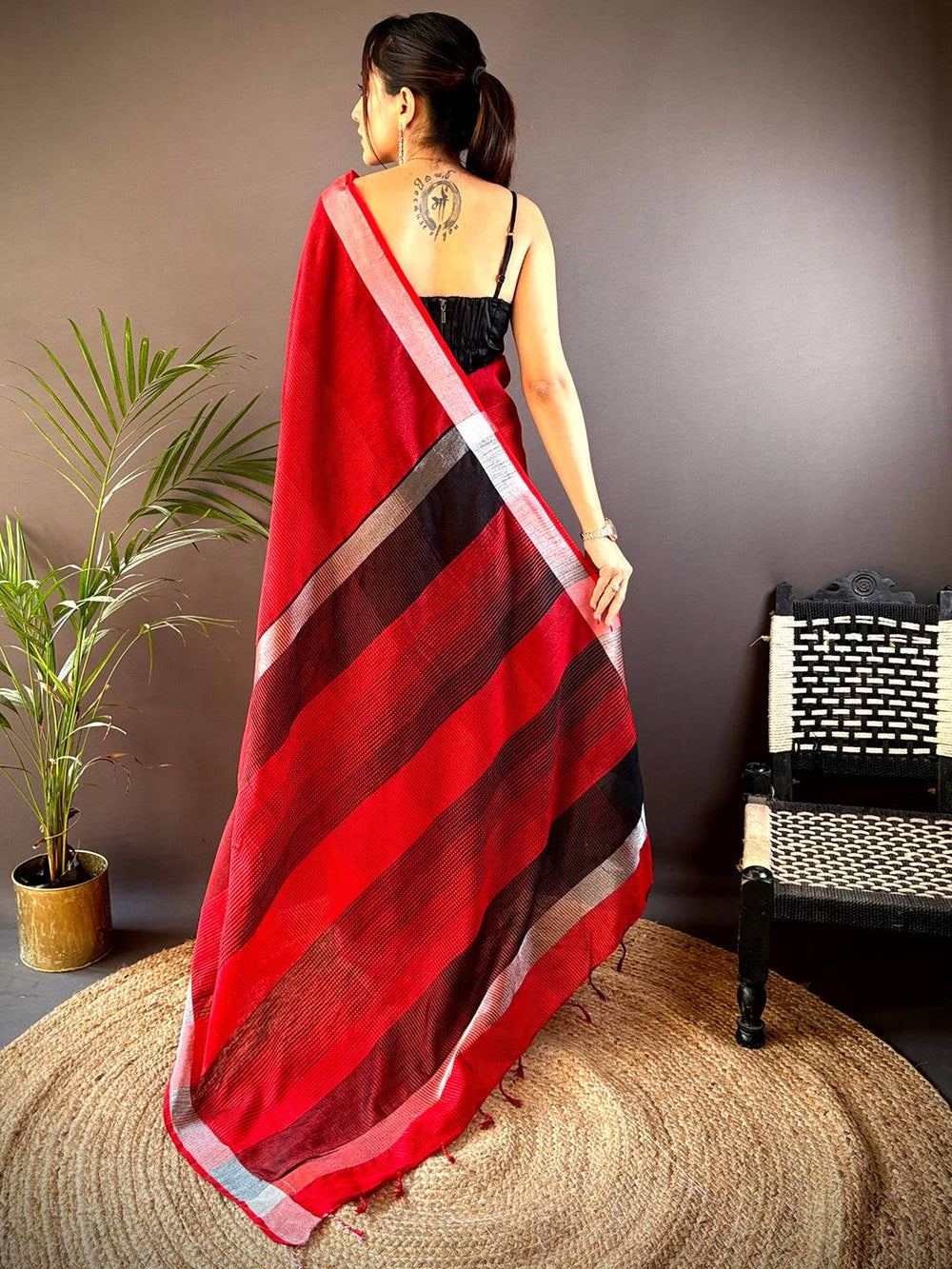 Red Linen Silk Saree with Black Stripes & Silver Border