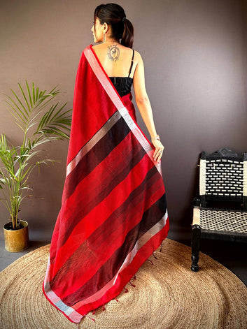 Red Linen Silk Saree with Black Stripes & Silver Border