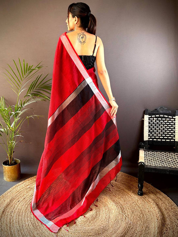 Red Linen Silk Saree with Black Stripes & Silver Border