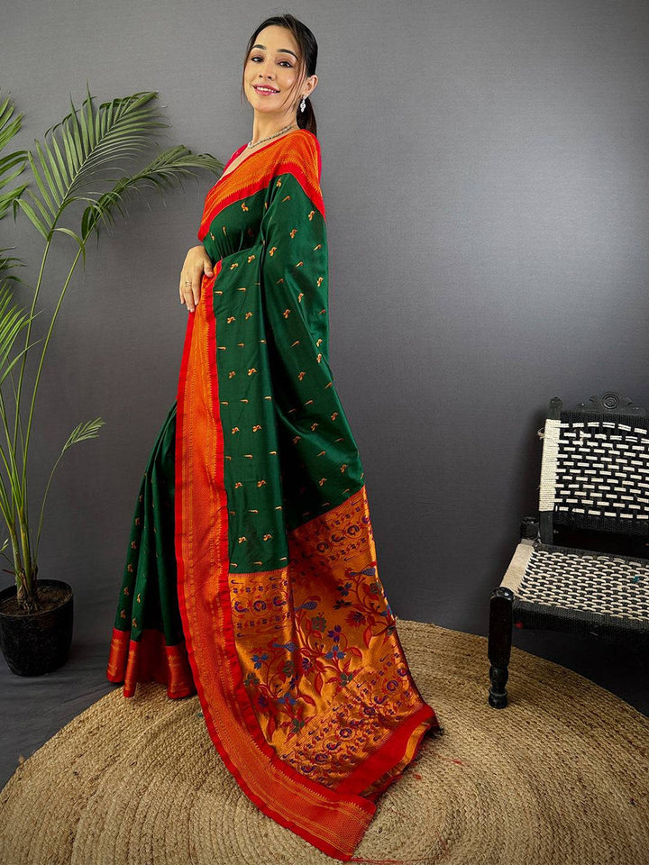 Green Banarasi Silk Saree with Red Zari Border & Rich Floral Pallu