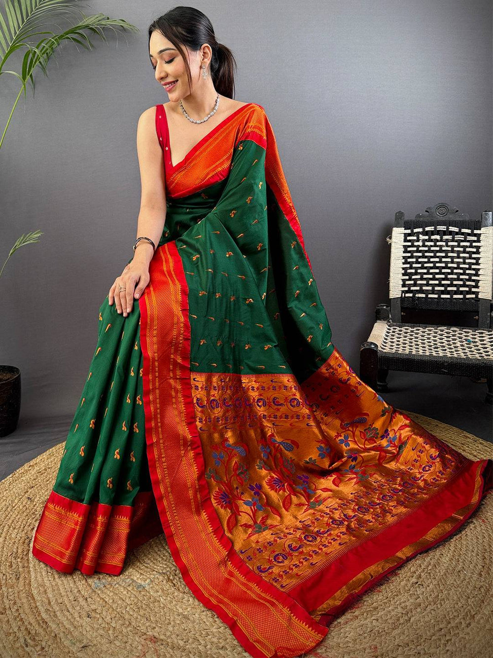 Green Banarasi Silk Saree with Red Zari Border & Rich Floral Pallu