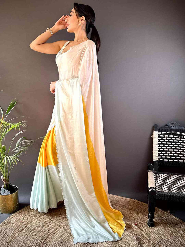 Elegant White & Pastel Silk Saree with Yellow Contrast Panel