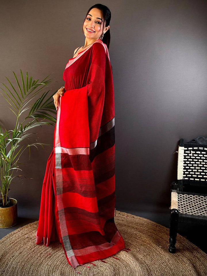 Red Linen Silk Saree with Black Stripes & Silver Border
