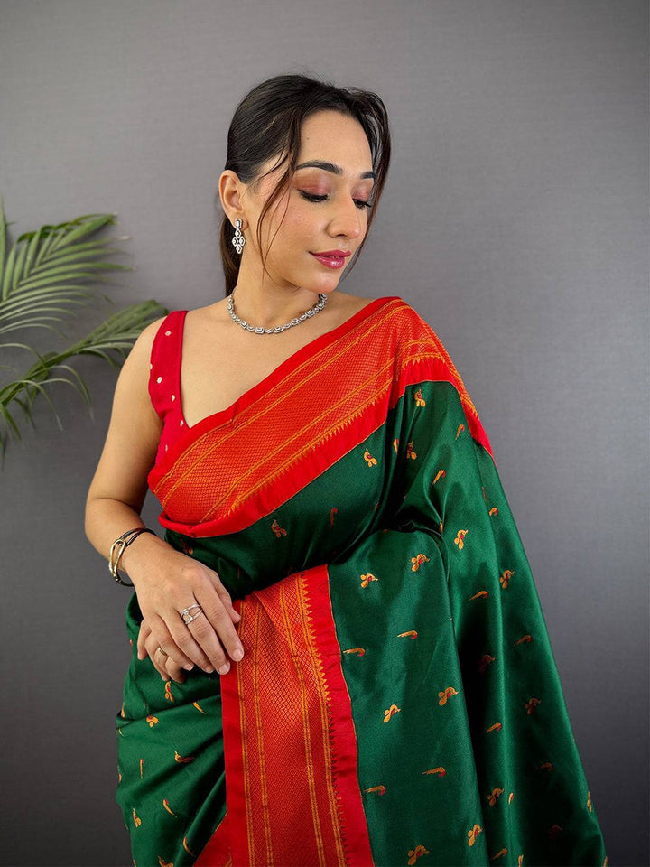 Green Banarasi Silk Saree with Red Zari Border & Rich Floral Pallu