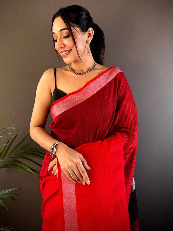 Red Linen Silk Saree with Black Stripes & Silver Border