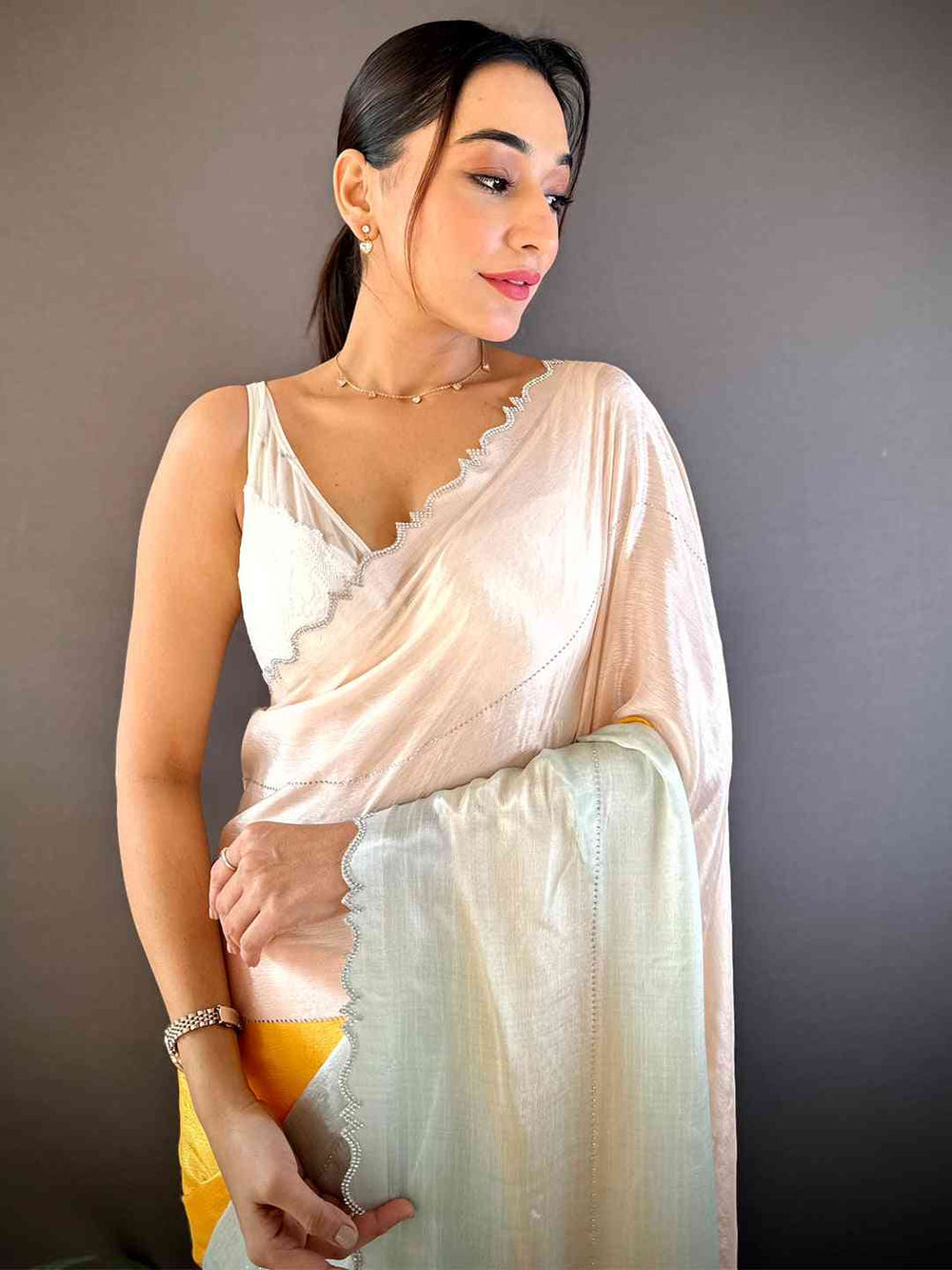 Elegant White & Pastel Silk Saree with Yellow Contrast Panel