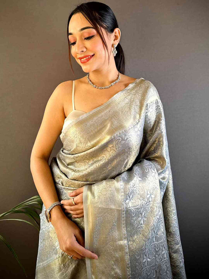 Elegant Silver Banarasi Silk Saree for Women