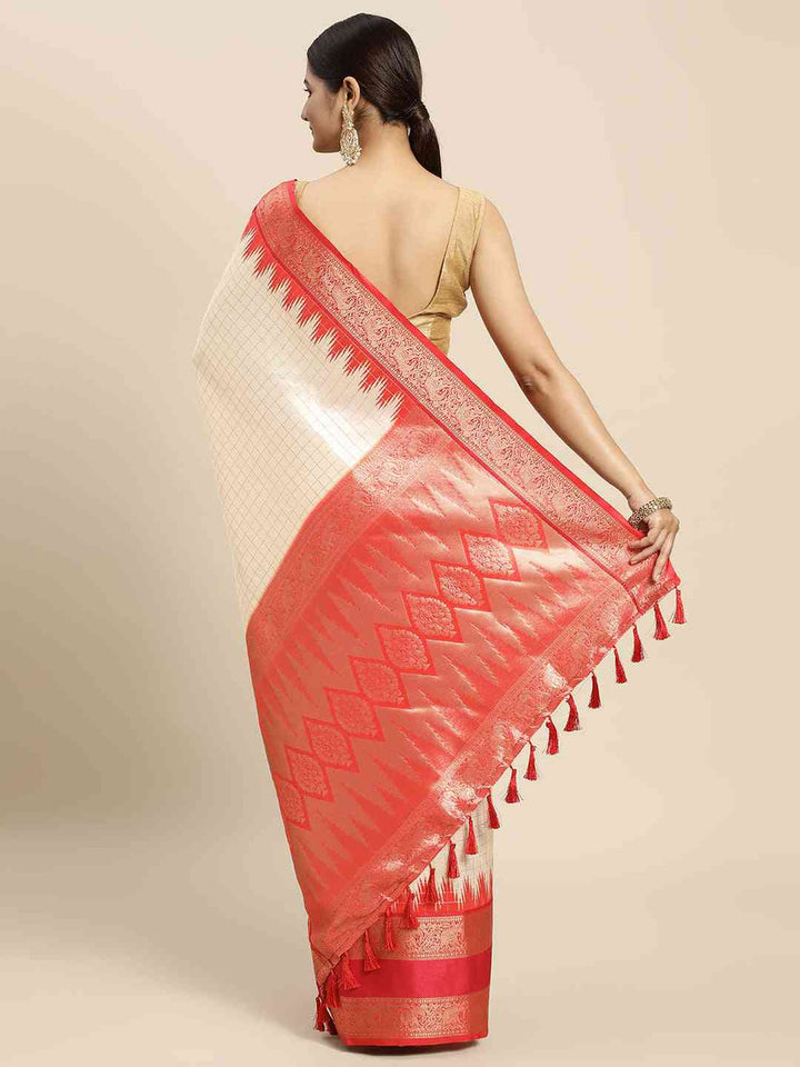 Cream Banarasi Silk Saree with Red Zari Border & Check Weaving