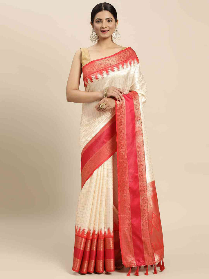 Cream Banarasi Silk Saree with Red Zari Border & Check Weaving