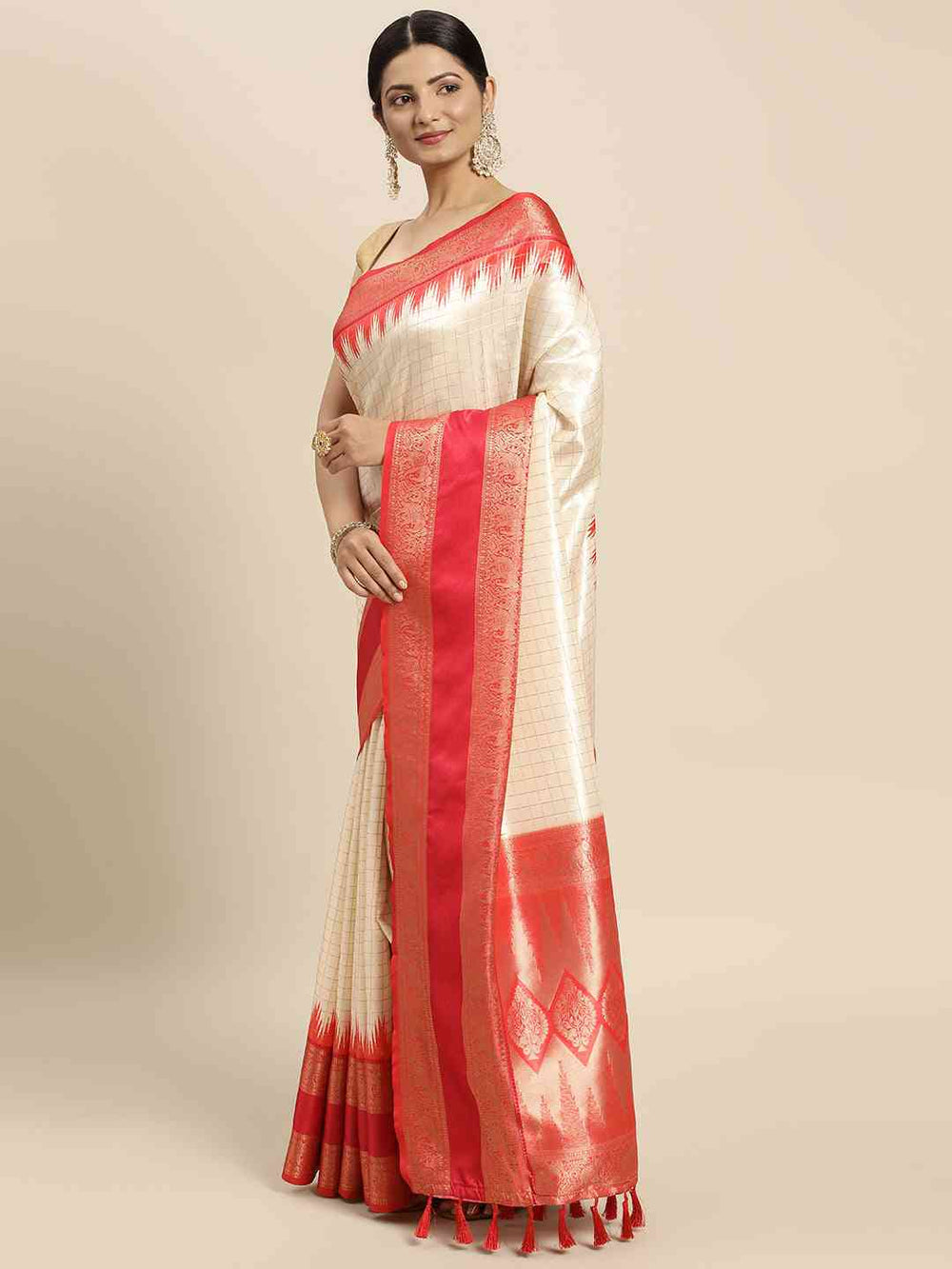 Cream Banarasi Silk Saree with Red Zari Border & Check Weaving