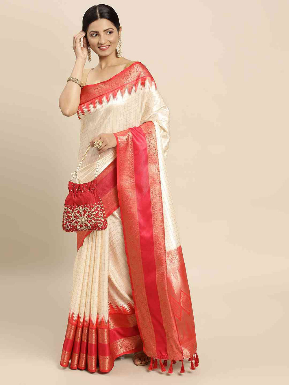 Cream Banarasi Silk Saree with Red Zari Border & Check Weaving